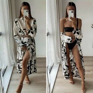 ZARA‎ Satin Effect Over-Sized Leaf Print Shirt Dress Ecru & Black Size Small